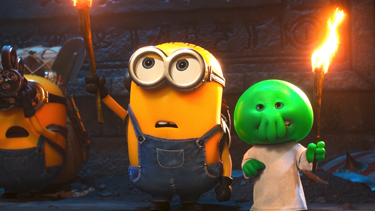 (L to R): Ed, Henry and Goomi in Illumination’s 'Minions & Monsters'. Photo: © Universal Studios. All Rights Reserved.