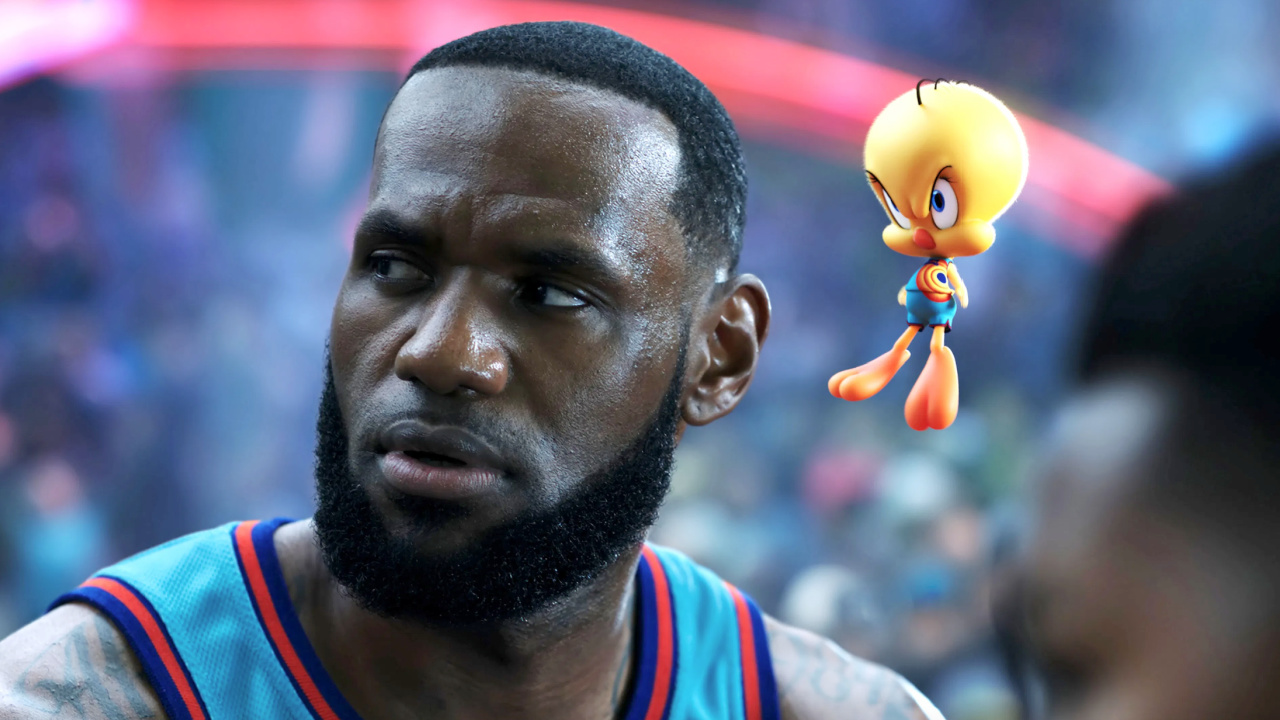 (L to R) LeBron James and Tweety in 'Space Jam: A New Legacy'. Photo: Warner Bros. Pictures.