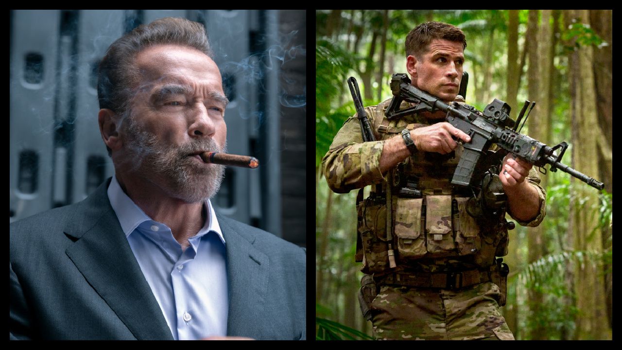(Left) Arnold Schwarzenegger as Luke Brunner in 'Fubar.' Photo: Christos Kalohoridis/Netflix © 2023. (Right) Liam Hemsworth as Kinney in the action film, 'Land of Bad,' a release by The Avenue. Photo courtesy of The Avenue.