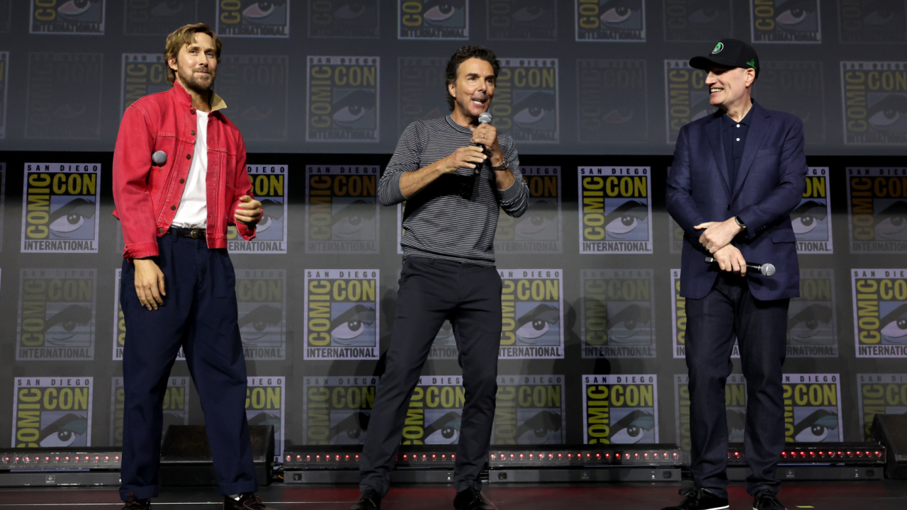 (L to R) Ryan Gosling, director Shawn Levy and Kevin Feige presenting 'Ghost Rider' at San Diego Comic Con 2026. Photo: Marvel Studios.