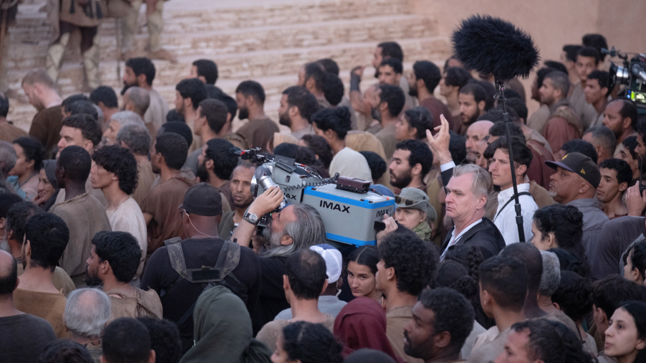 Director Christopher Nolan on set of his film 'The Odyssey', written, produced, and directed by Christopher Nolan. Photo: Universal Pictures.