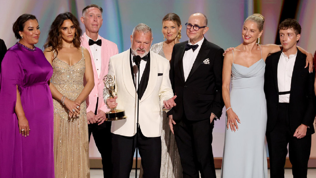 (L to R) Simran Baldwan, Sepideh Moafi, Med Haspel, R. Scott Gemill, Erin Jontow, Joe Sachs, Katherine, LaNassa, and Gerran Howell accepts the Outstanding Drama Series Award for 'The Pitt' on stage during the 78th Primetime Emmy Awards held at the Peacock Theater on September 14th, 2026. Photo: Trae Patton/NBC.