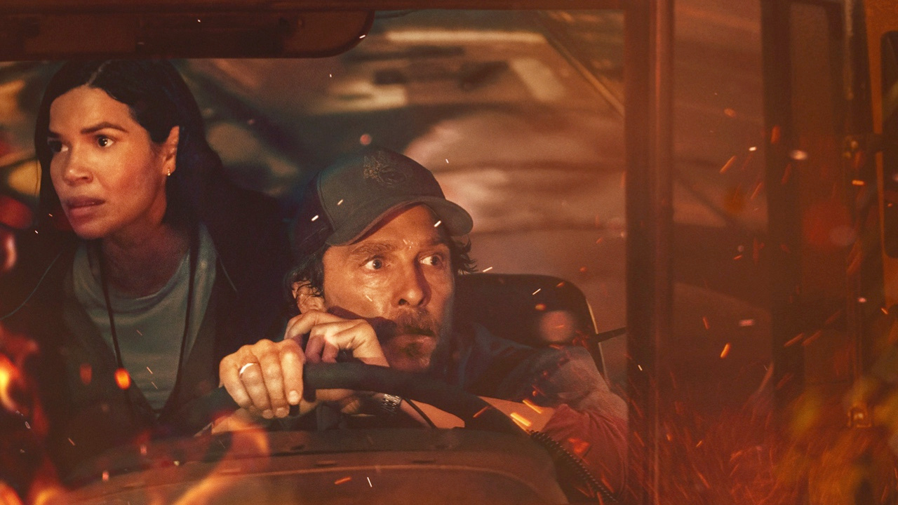 (L to R) America Ferrera and Matthew McConaughey in ‘The Lost Bus,’ now streaming on Apple TV+.
