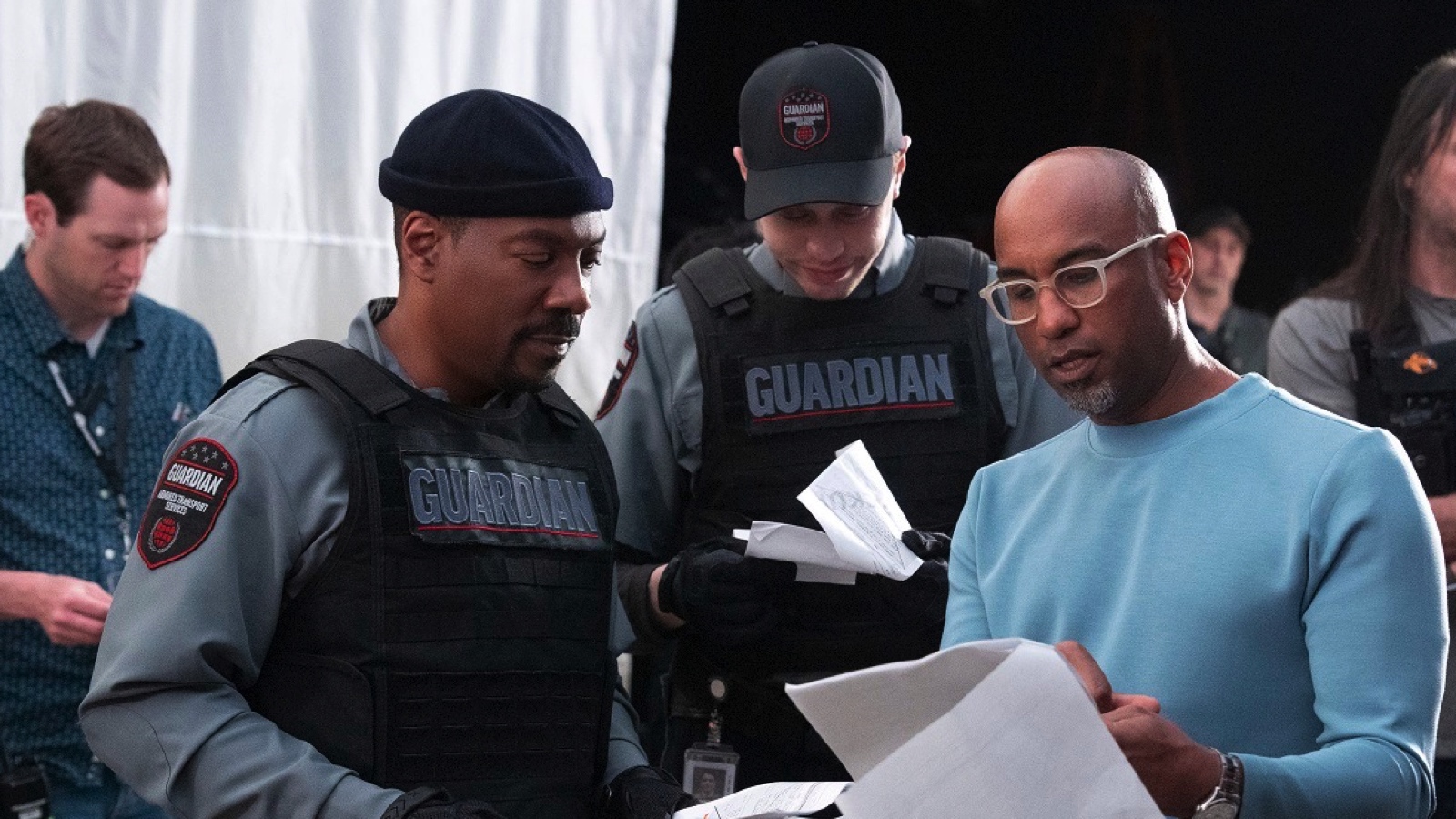 (L to R) Eddie Murphy, Pete Davidson, director Tim Story on the set of 'The Pickup'. Photo: Prime Video