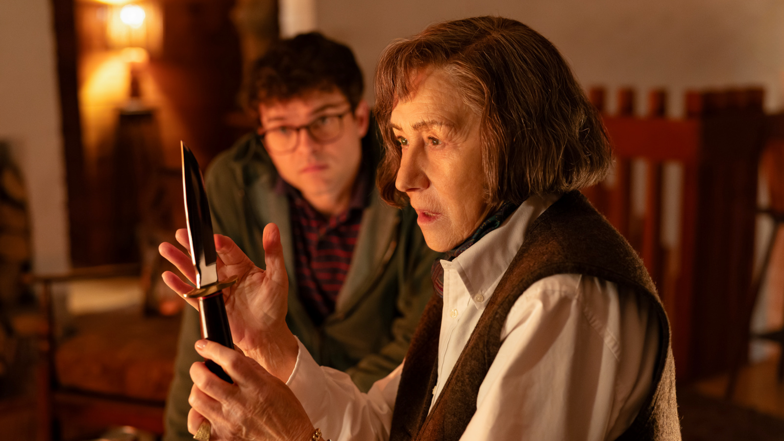(L to R) Helen Mirren and Alden Ehrenreich in 'A Talent for Murder'. Photo: Bleecker Street and LD Entertainment.