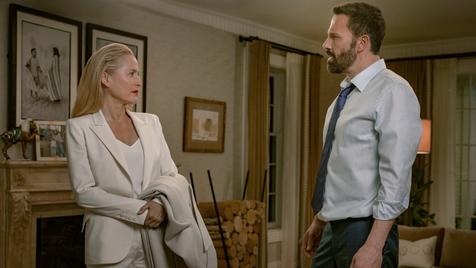 (L to R) Gillian Anderson as Dayle and Ben Affleck as Mark in 'Animals'. Photo: Warrick Page/Netflix © 2026.