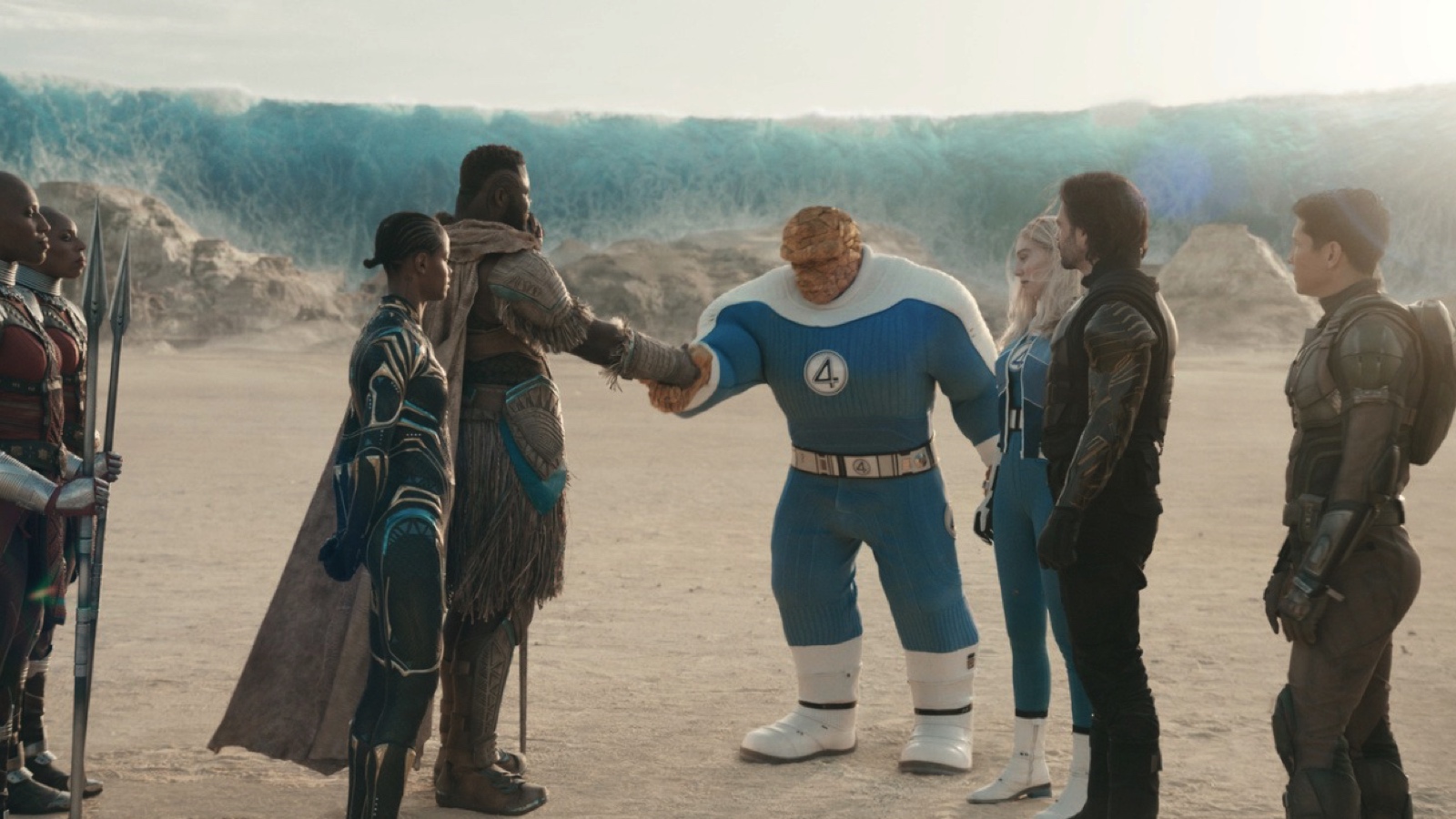 (L to R) The Dora Milaje, Shuri (Letitia Wright), M’Baku (Winston Duke), Ben Grimm/The Thing (Ebon Moss-Bachrach), Sue Storm/Invisible Woman (Vanessa Kirby), Bucky Barnes/Winter Soldier (Sebastian Stan), Joaquin Torres/Falcon (Danny Ramirez), and Ava/Ghost (Hannah John-Kamen) in Marvel's 'Avengers: Doomsday'.. Photo courtesy of Marvel. © 2026 Marvel. All Rights Reserved.