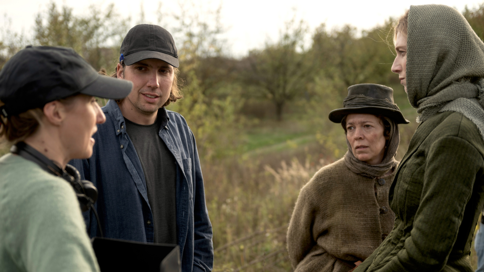 (L to R) Directors Eleanor Wilson and Alex Huston Fischer, Olivia Colman and Elizabeth Debicki on the set of 'Wicker' by Eleanor Wilson and Alex Huston Fischer, an official selection of the 2026 Sundance Film Festival. Courtesy of Sundance Institute. Photo: Lol Crawley.